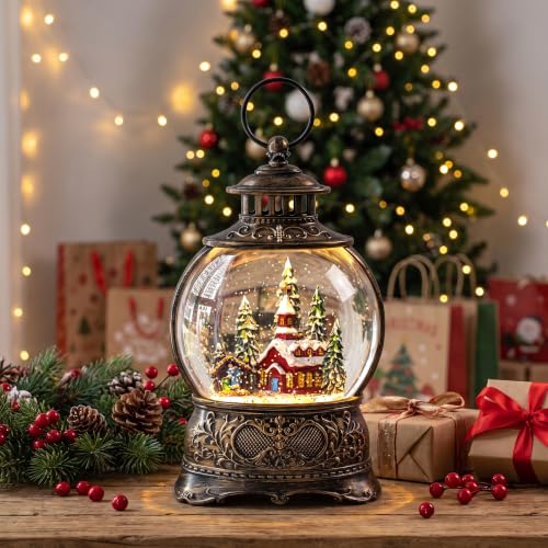 Christmas Snow Globes Christmas Water Lantern with Church & Nativity Scene Music & 6H Timer USB Lined