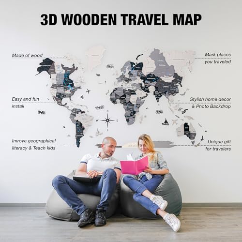 Handmade 3D Wood World Map Wall Art Large Wall Decor Track Your World Travels