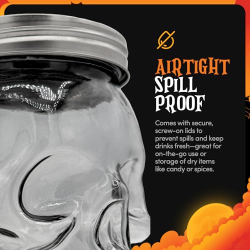 Set of 2 Skull Mason Jar Glasses with Lids (4 Count)