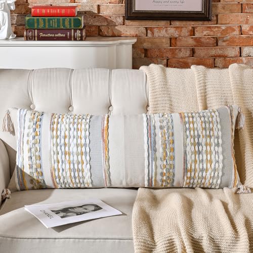 Chenille Striped Textured Boho Throw Pillow Covers Aesthetic with Tassels Woven Decorative Pillow Case for Couch Bed Sofa Bedroom Modern Funky 14 x 36