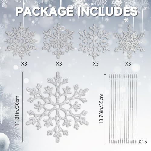 12pcs Large Silver Snowflakes Ornaments 12” Big Plastic Glitter Snowflake for Winter Indoor Outdoor Christmas Tree Window Room Decorations Giant Craft Snowflakes (12 Count)
