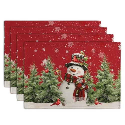 Snowman Christmas Red Placemats Set of 4 Xmas Tree Cardinal Snowflakes Linen Table Mats Seasonal Winter Holiday Place Mats Washable Placemat for Party Kitchen Dining Outdoor Indoor Decor (4 Count)