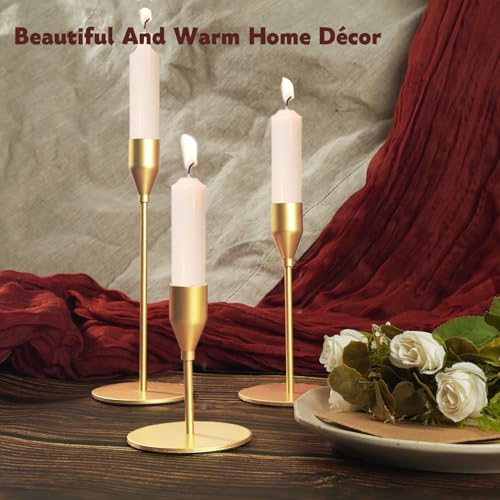 Matte Gold Candle Holders Bulk Painted Gold Metal Candlesticks Fit 0.8 Inch Taper Candles Decorative Metal Candelabra for Wedding Home Holiday Anniversary Party Dinning Table Decors (24 Count)