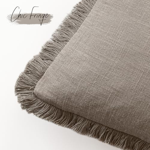 Boho Linen Fringe Lumbar Throw Pillow Covers 12×24 Brown Tan (2 Count)