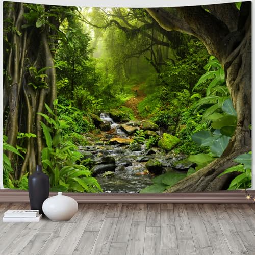 Green Rainforest Tapestry Nature Forest Tapestry for Bedroom Aesthetic Misty Tropical Jungle Trees Flowing Stream Landscape Tapestries Wall Hanging for Living Room Dorm 48 x 36 Inch