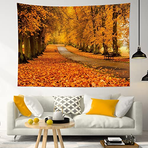 Fall Maple Forest Tapestry Natural Landscape Autumn Maple Tree with Vintage Road Fall Wall Hanging for Bedroom Living Room Dorm Home Party Decor 92.5x70.9 Inch