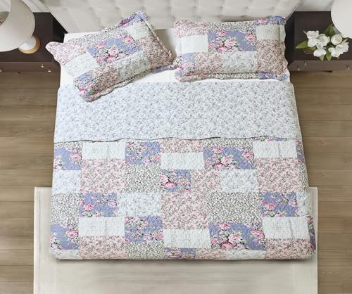 Blue & Pink Roses Toile Lively Patchwork Quilt Set