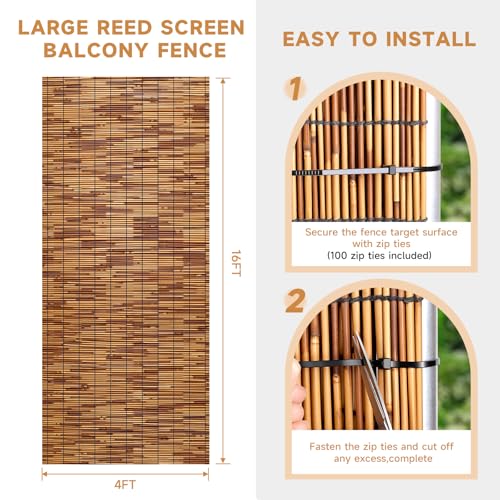 Reed Fencing Rolls Fencing 4ft High Roll Reed Screen for Balcony Patio Garden Backyard 4FT X 16.4FT Privacy Fence（Brown） (65.6 Sq Ft)