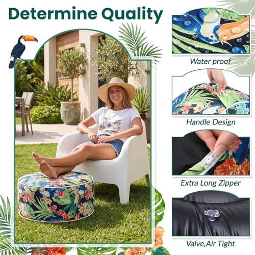2 Pcs Inflatable Outdoor Ottoman Pouf Waterproof Round Footrest with Handle D21 x H9 Inch Indoor Outdoor Portable Footstool for Patio Garden Camping or Home Pool (2 Count)