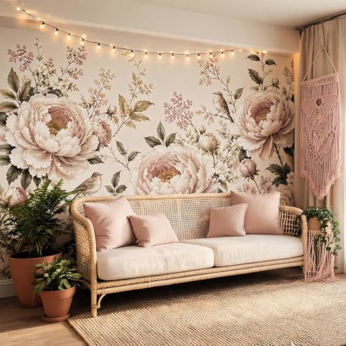 Retro Peony Floral Peel and Stick Wallpaper Mural for Bedroom