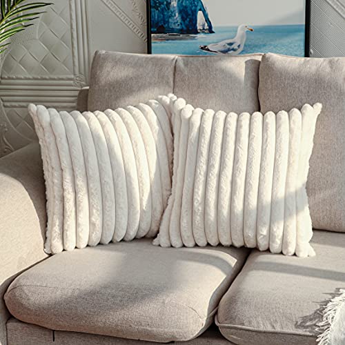 Pack of 2 Faux Fur Plush Decorative Throw Pillow Covers Fuzzy Striped Soft Pillowcase Cushion Covers for Sofa Couch Bedroom 16x16 inch (2 Count)