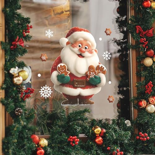 Christmas Window Clings for Glass 1 Sheet Santa Window Decals with Gingerbread Man Designs Window Stickers Cute Windows Cling for Winter Party Supplies Home School Office Glass Decorations