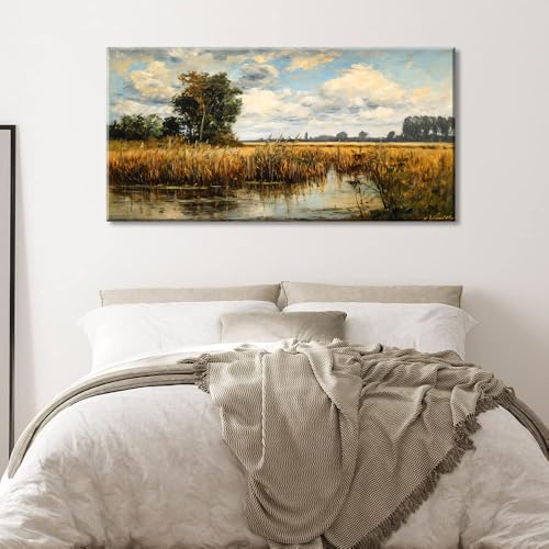 Beautiful Wilderness Meadow Canvas Wall Art Oil Painting Reproduction Print Vintage Wildflower Field Scenery Countryside Landscape Tree Rustic Retro Decor Artwork Country Farmhouse Living Room 24x48 Inches