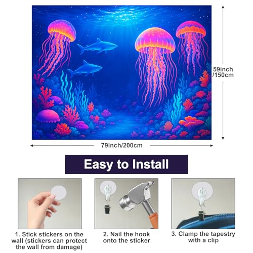 Blacklight Tapestry Jellyfish Shark Wall Art 78 x 59 Inch