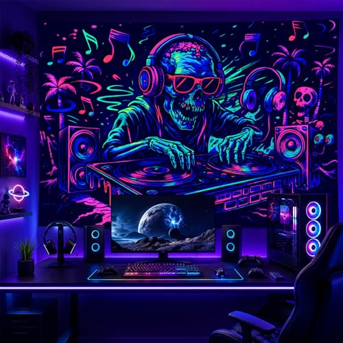 Blacklight Tapestry DJ Skeleton Bedroom Decor 78 x 59 Inch