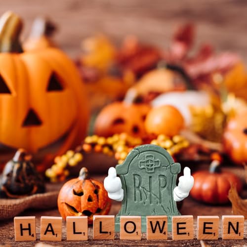 Halloween Graveyard Tombstone Statue Middle Finger Gestures Figurines Halloween Desk Ornaments Designs Spooky Mini Sculpture for Home and Office Holiday Party Decorations