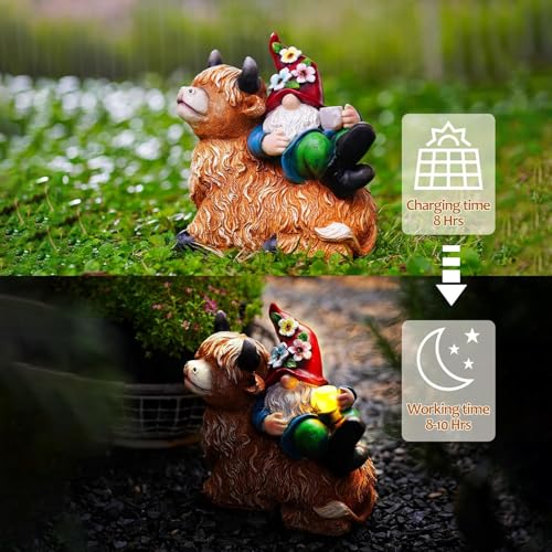 Garden Gnomes Decor Outdoor Statues Gnome on Highland Cow Hold Solar Cup Light Outdoor Decorations for Patio