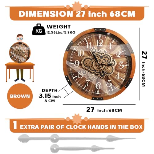 27 inch Large Real Moving Gears Wall Clocks for Living Room Decor