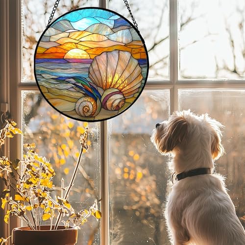 Ocean Stained Glass Window Hanging Suncatcher Beach Gifts for Women 9.8"