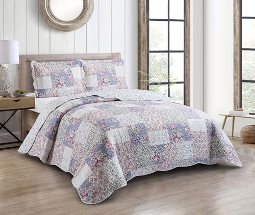 Blue & Pink Roses Toile Lively Patchwork Quilt Set
