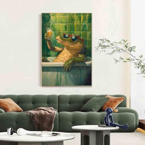 Crocodile Bathroom Canvas Funky Animal Posters Vintage Green Picture Wild Animals Painting Aesthetic Cocktail Picture Funny Bathroom Animals Prints Living Room Decor 16x24inch No Frame