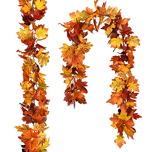 2 Pack Fall Maple Leaf Hanging Vine Garland Artificial Autumn Foliage Thanksgiving Decor for Home Wedding Fireplace Party Christmas (2 Count)