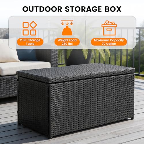 Sundale 70 Gallon Black Rattan Deck Storage Box with Hinged Lid