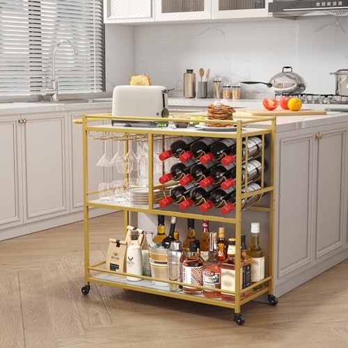 3 Tier Rolling Serving Bar Cart with Lockable Wheels