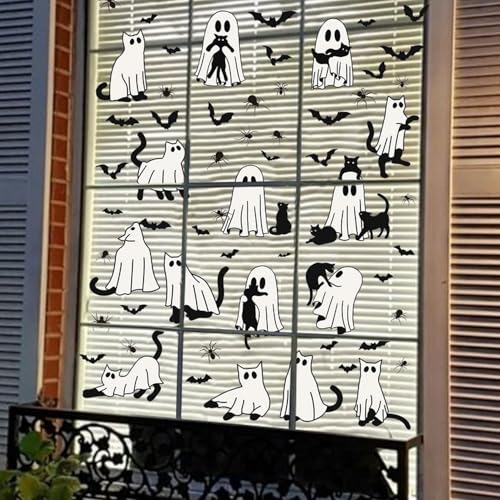 Halloween Ghost Window Clings for Glass 6 Sheets Cute Window Decals Spooky Window Stickers Cat Spider Reusable Windows Cling for Halloween Fall Party Home School Office Glass Supplies Decorations (6 Count)