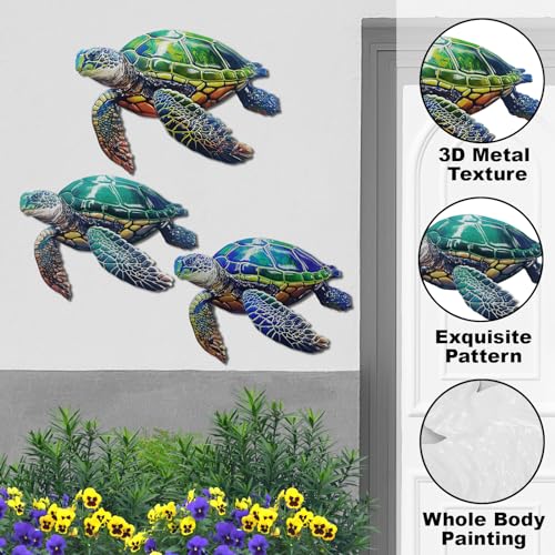 3Pcs Metal Turtle Sea Wall Decor Outdoor Garden Hanging Art Sculptures Home Ocean Theme Decorations for Kitchen Bathroom and Pool (3 Count)