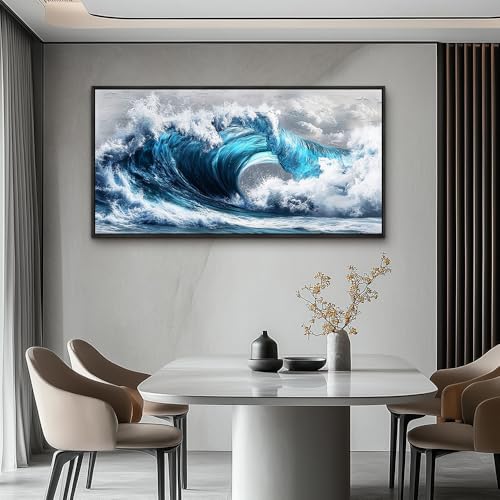 Large Canvas Wall Art For Living Room Wall Decor For Bedroom Ocean Inspiration Wall Pictures Office Mural Decorations Posters Blue Wave Paintings Modern Home Decor Black Framed 24x48 In