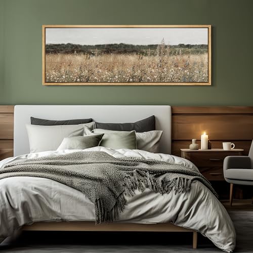 Large Framed Canvas Print Wall Art Misty Morning Meadow with Wildflowers Antique Retro Fine Art Illustrations Decorative Colorful for Bedroom