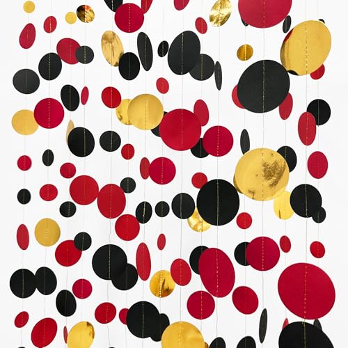 Gold Black Red Party Decorations Circle Dots Streamer Hanging Paper Polka Dots Garland for Graduation Birthday Wedding Anniversary Holiday Pirate Poker Casino Las Vegas Party Supplies
