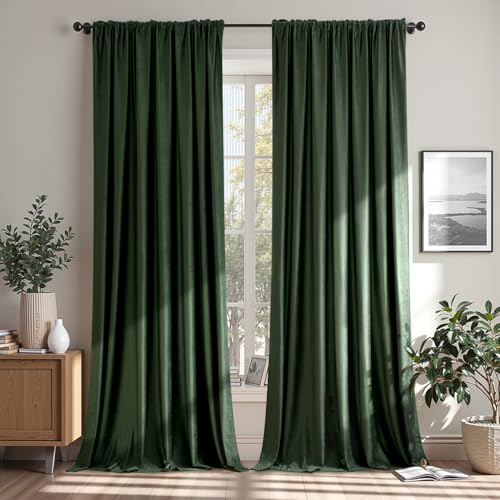Olive Green Blackout Velvet Curtains Drapes 96 Inch Long 66"x96" (2 Count)