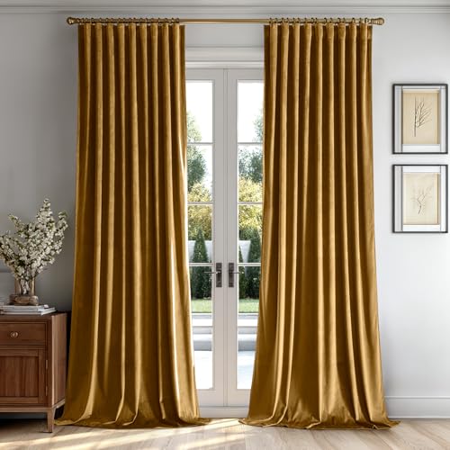 Gold Velvet Pinch Pleat Blackout Curtains W52 X L84 Inches (2 Count)