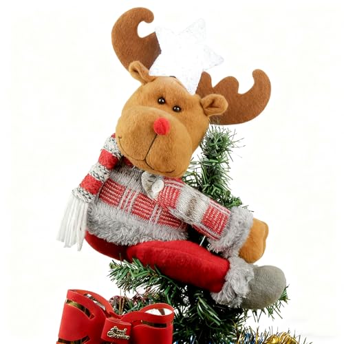 Christmas Plush Reindeer Tree Topper with Glowing White Star