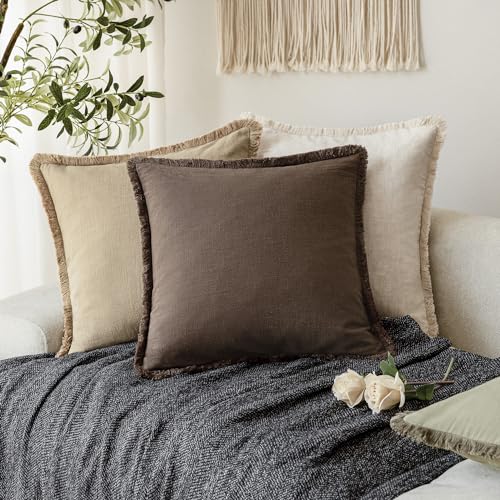 Decorative Linen Fringe Throw Pillow Covers 20×20 Reddish Brown (2 Count)