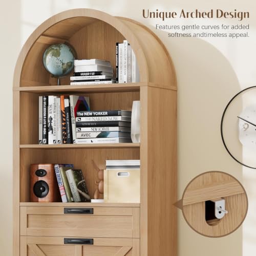 71" Tall Arched Bookcase with File Cabinet Drawers