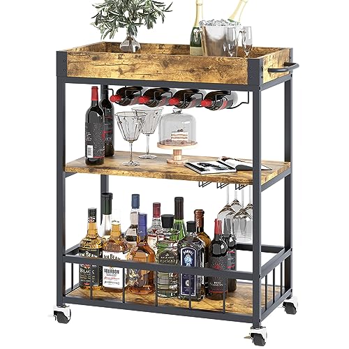 Bar Cart Serving Wine 3 Tier Home Rolling Rack with Wheels Mobile Kitchen Industrial Vintage Style Wood Metal Serving Trolley Serving Cart