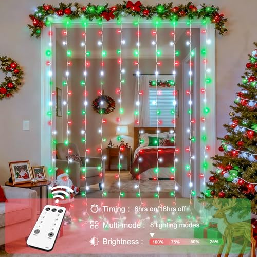 300LED Red White and Green Christmas Curtain Lights with Remote (9.8 Foot)
