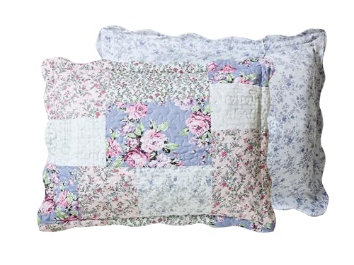 Blue & Pink Roses Toile Lively Patchwork Quilt Set
