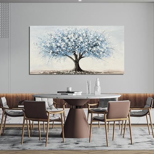 Vintage White Blue Wall Art for Bedroom Tree of Life Wall Art 24"X48"