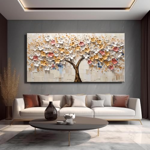 White Spring Large Tree of Life Wall Art Office Decor Living Room Modern Painting Prints Pictures Abstract Floral Flower Nature Canvas Large Landscape Artwork