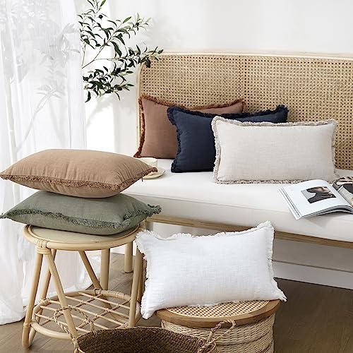 Decorative Linen Fringe Lumbar Throw Pillow Covers 12×20 White (2 Count)