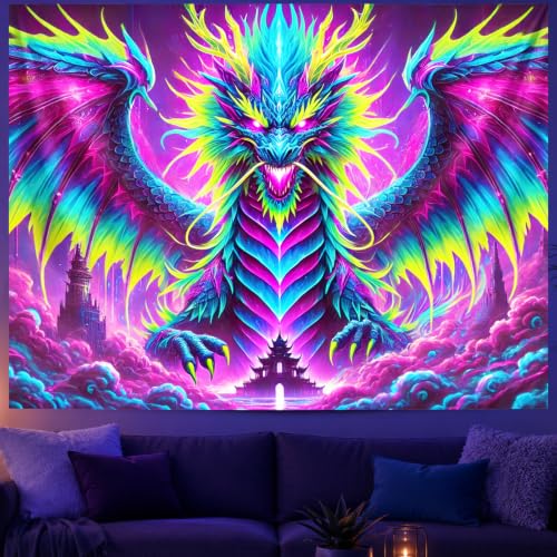 Blacklight Tapestry Fire Dragon Neon Decor 78 x 59 Inch
