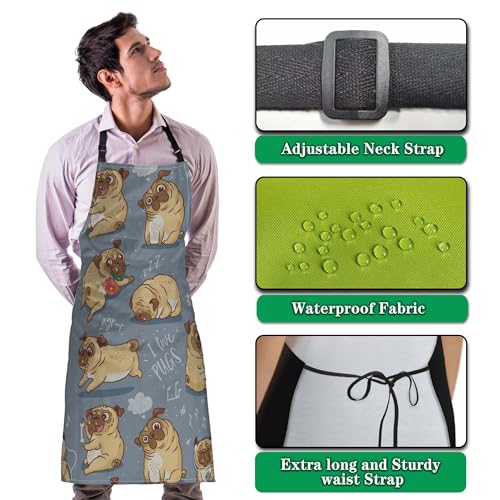 Paint Apron for Men Pug Puppies Dog Cartoon Bull Terrier Funny Aprons for Women for Kitchen Cooking Restaurant BBQ Painting Crafting Gardening 27”
