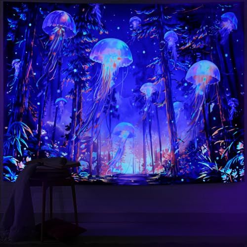 Blacklight Forest Jellyfish Tapestry UV Reactive Nature Tree Tapestry Trippy Fantasy Starry Sky Tapestries Aesthetic Jungle Plants Tapestries Wall Hanging for Bedroom