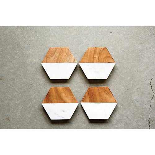 4 Piece Marble and Mango Wood Hexagon Coasters (4 Count)