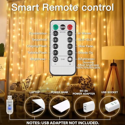 200 LED Curtain Lights Fairy Lights with Remote Bedroom 6.5x6.5ft