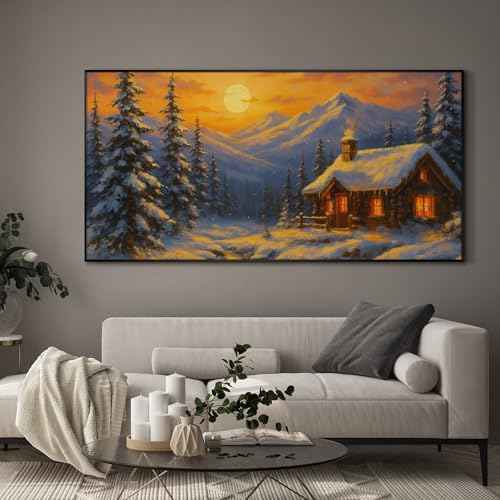 36"x72" Extra Large Framed Wall Art Cozy Cabin in Snowy Mountain Landscape at Sunset for Home Living Room Bedroom Decor